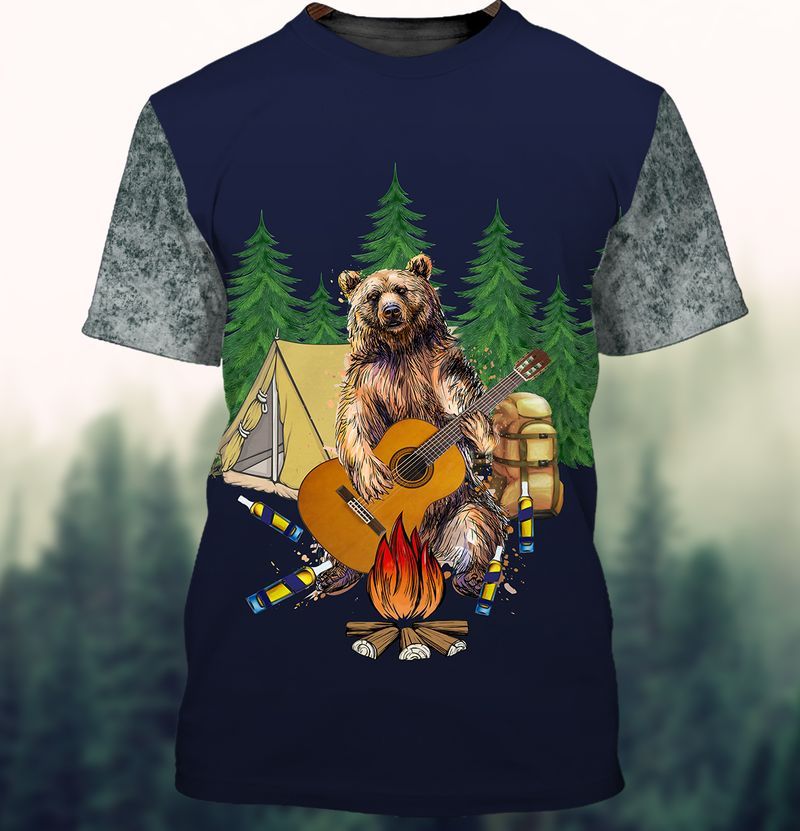 Drunk Bear Playing Guitar Camping T-shirts Drunk Bear Playing Guitar by campfire 3D Camping T-shirts