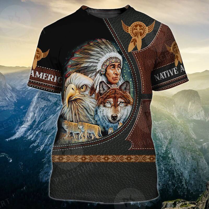 Native Chief, Wolf And Eagle Indigenous Day T-Shirts 3D printed leather