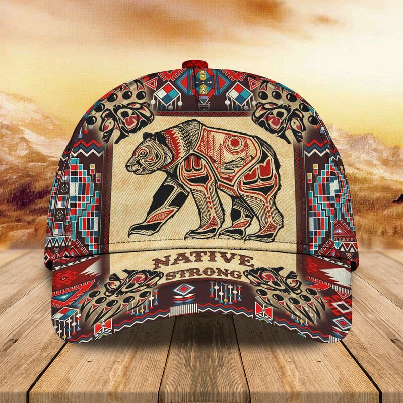 A marvelous Grizzly Bear Native American baseball cap with vivid border patterns.