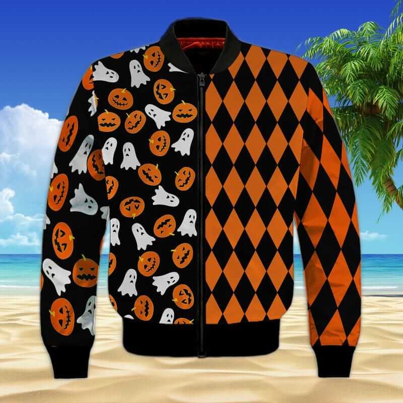  Checkered Halloween 3D Bomber  Checkered Halloween 3D Bomber womens jack o lantern shirt