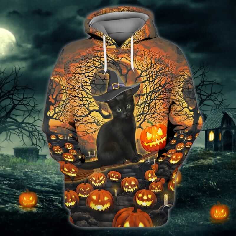 Cute Black Cat Halloween 3D Hoodie Cute Black Cat Halloween womens jack o lantern shirt