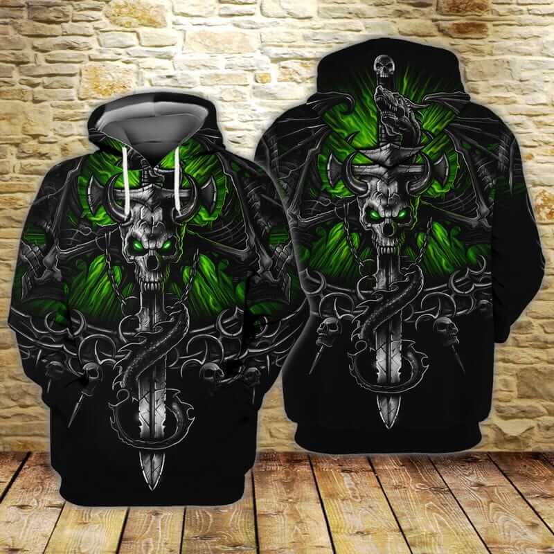Green Skull And Sword Halloween 3D Hoodie Green Skull And Sword Halloween shirts for women