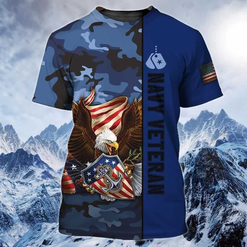 Wingspan American Bald Eagle Camouflage Navy Veteran T Shirts