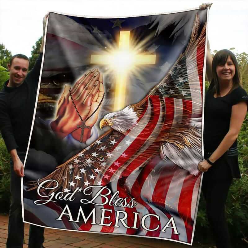 God Bless America Flag Blanket Quilt Crucifix