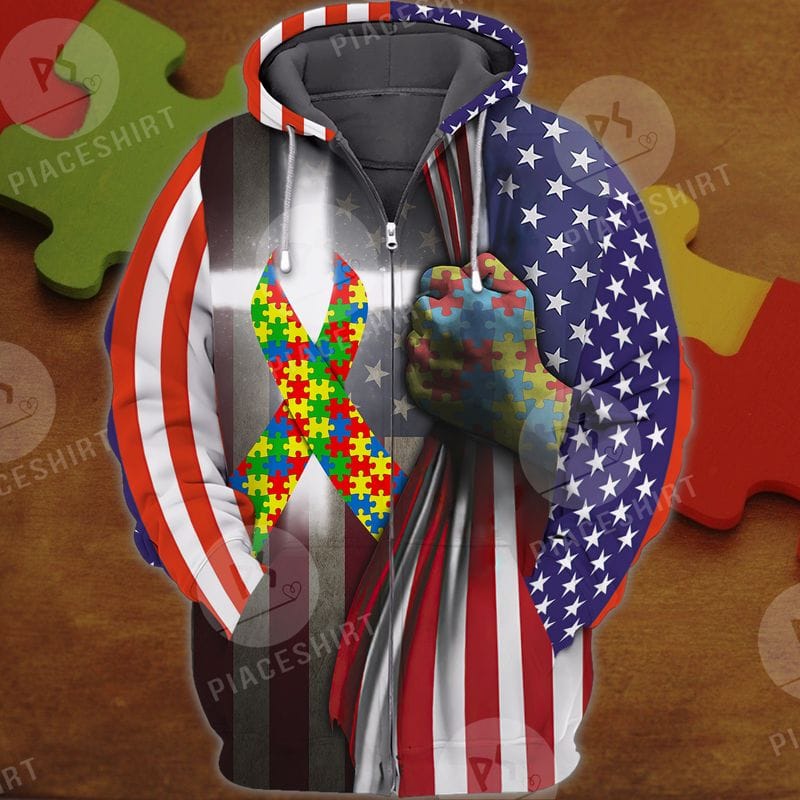 Autism America Flag 3D Full Print QB95 3D Zipper Hoodie American themed clothing