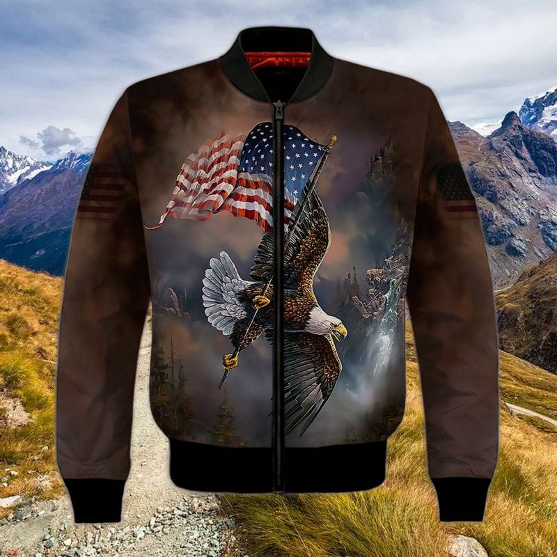 Eagle Carries America Flag 3D Bomber American themed clothing