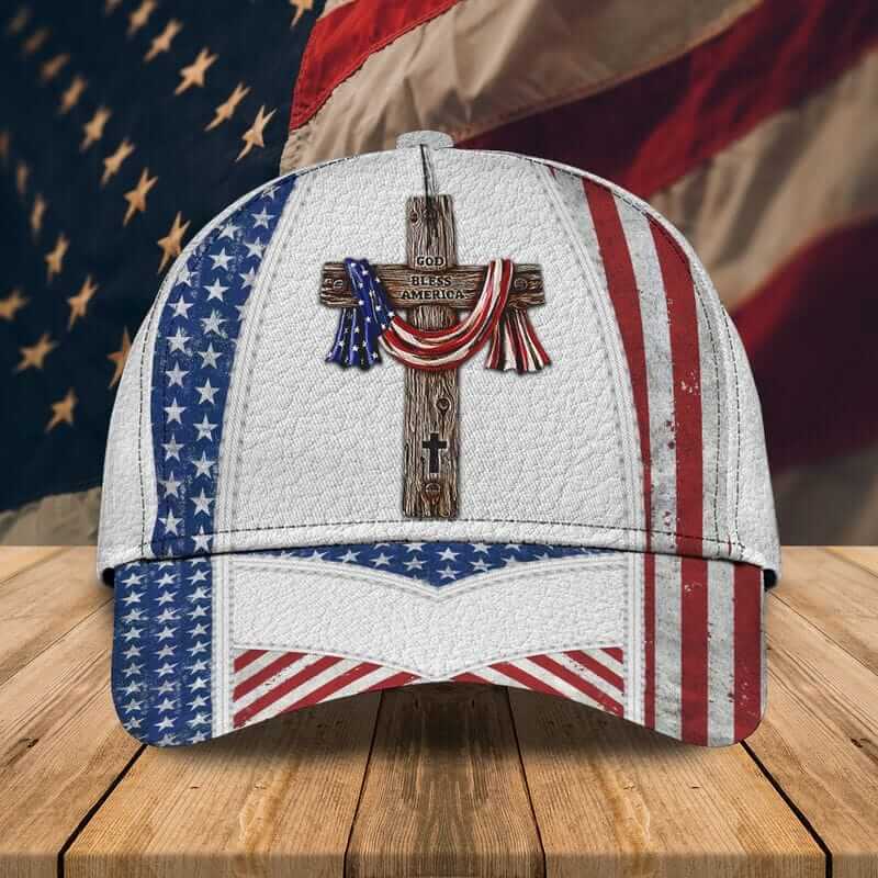 White Crucifix Fitted American Flag Classic Cap USA Hats