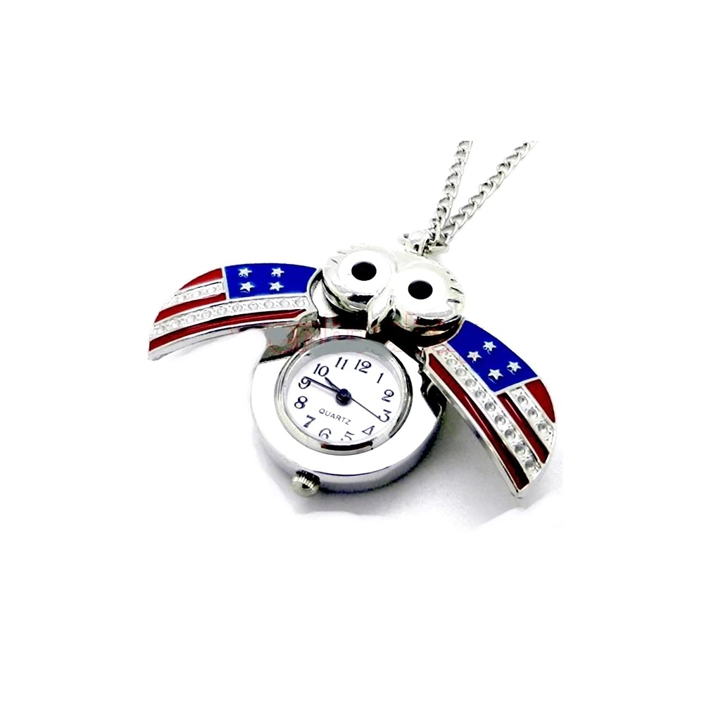 Patriotic Crystal American Flag Owl Pendant America Necklace Watch
