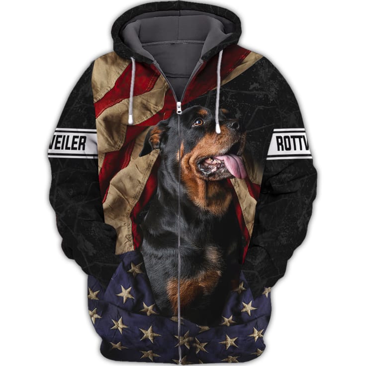 Rottweiler American Flag 3D Zipper Hoodie American themed clothing
