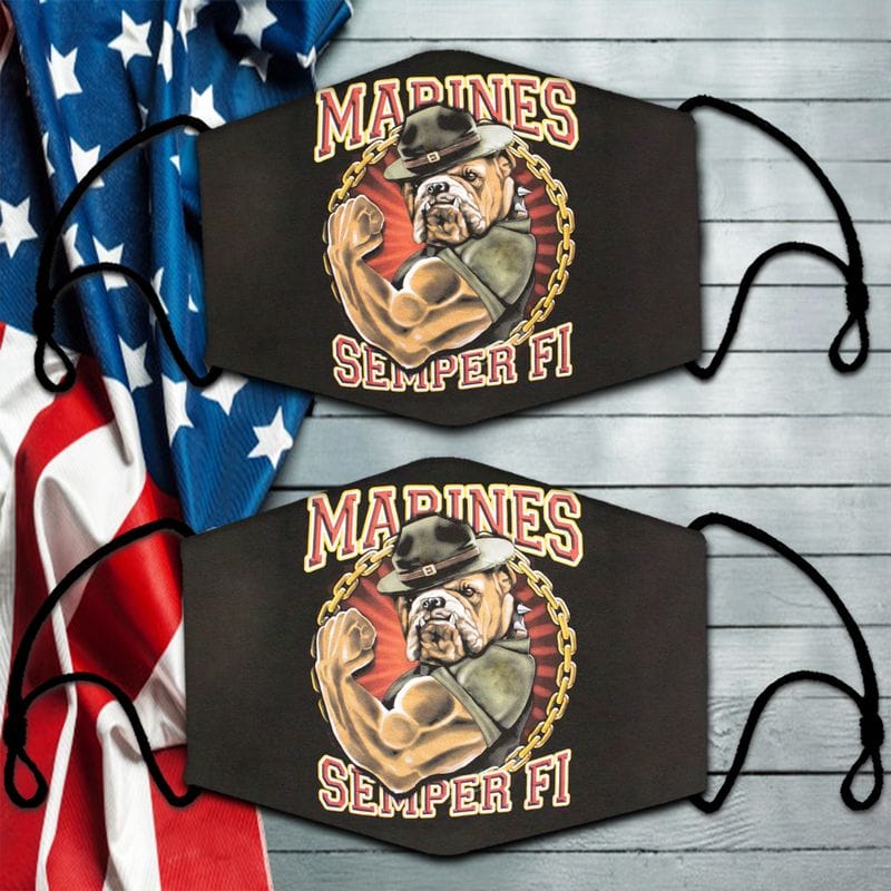 Strong Bulldog Black Background USMC Face Mask