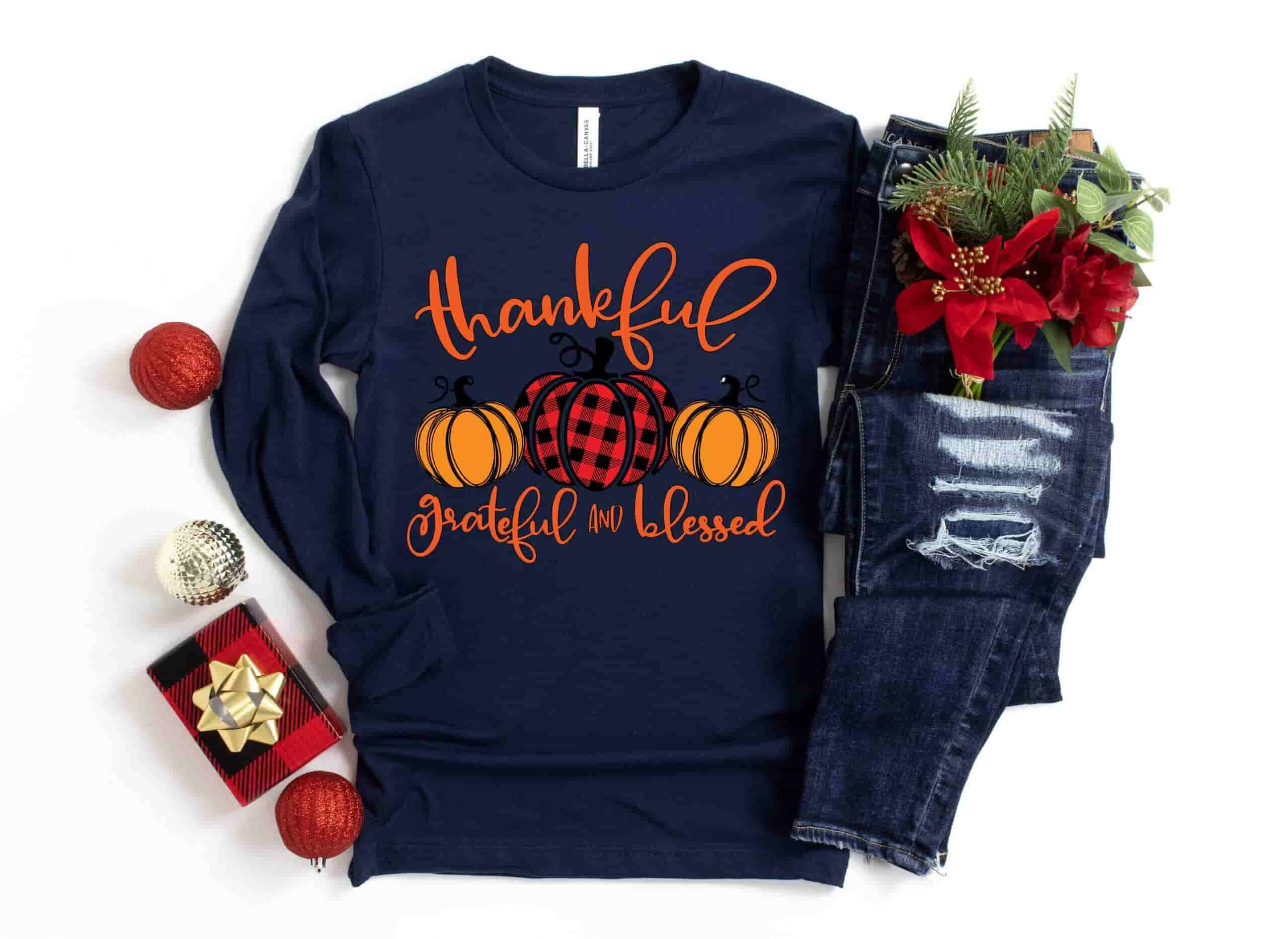 thankful grateful blessed Thanksgiving T Shirts pumpkin thankful grateful blessed Thanksgiving T Shirts pumpkin navy blue long sleeve