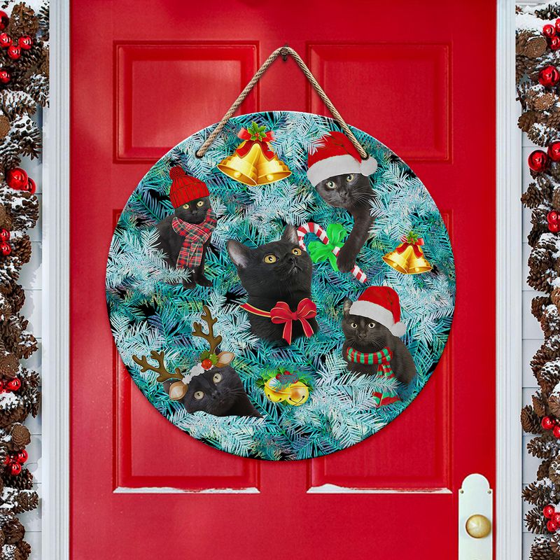 Black Cat Christmas Hippie Round Wooden Sign Warm Christmas Hippie Round Wooden Sign for Home
