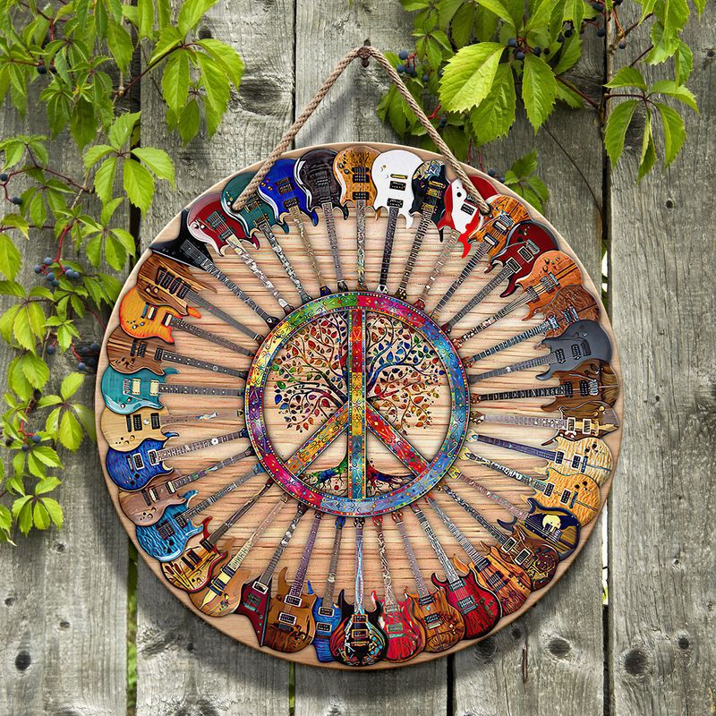 Chic Hippie Round Wooden Sign for Music Lovers Hippie Round Wooden Sign for Guitar Lovers