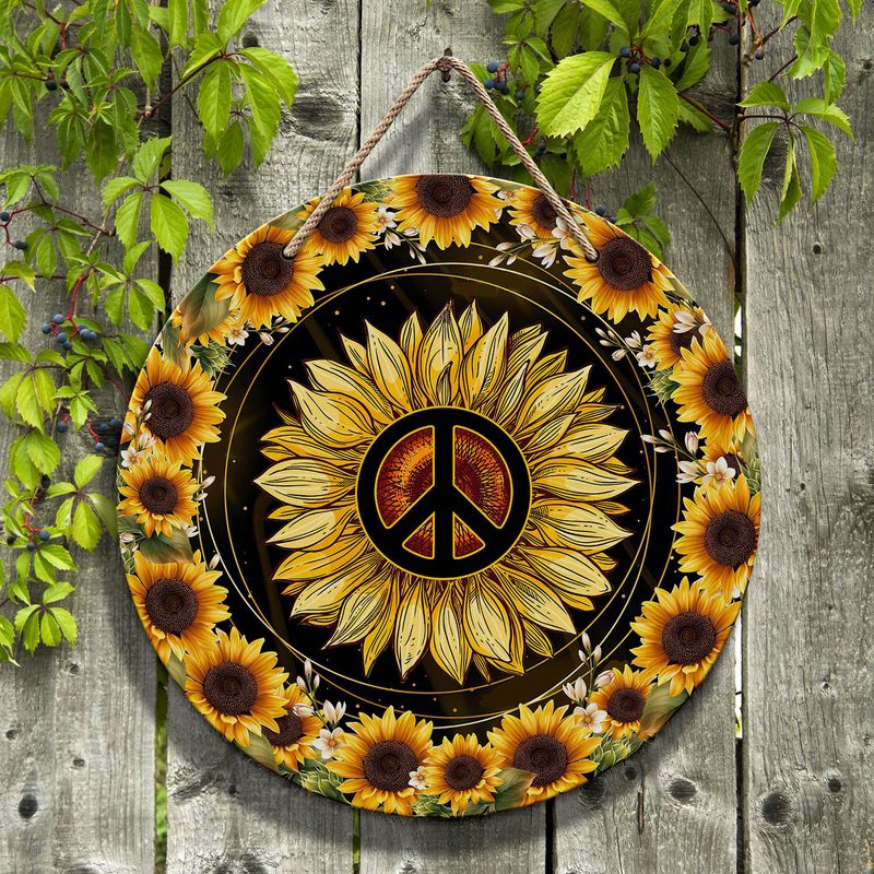 Best Sunflower Hippie Round Wooden Sign Love and Peace Hippie Round Wooden Sign