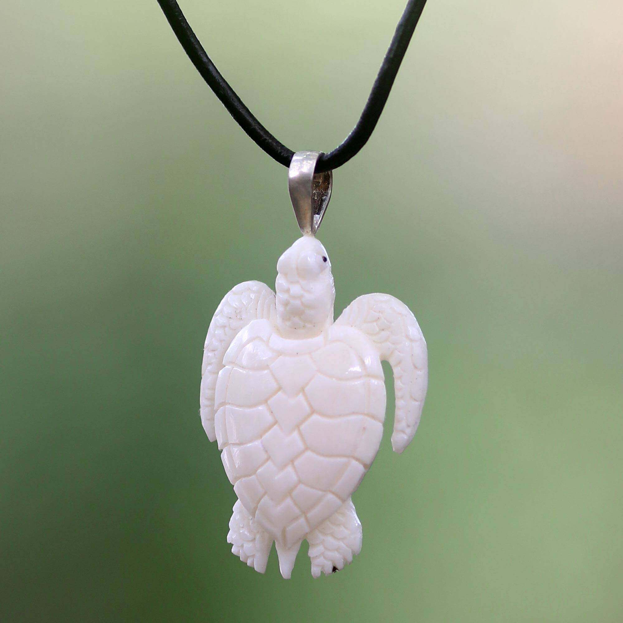 Hand Crafted White Turtle Pendant on Leather Cord Necklace