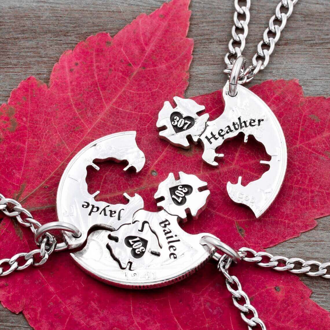 3 Piece Firefighter Necklaces with Custom Names and Badge Numbers, Engraved Hearts, BFF or Family Jewelry Gifts