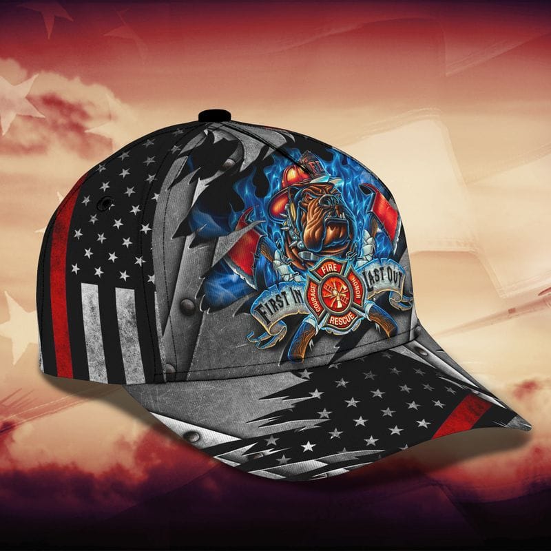 FIREFIGHTER FIRST IN LAST OUT BULL DOG CAP